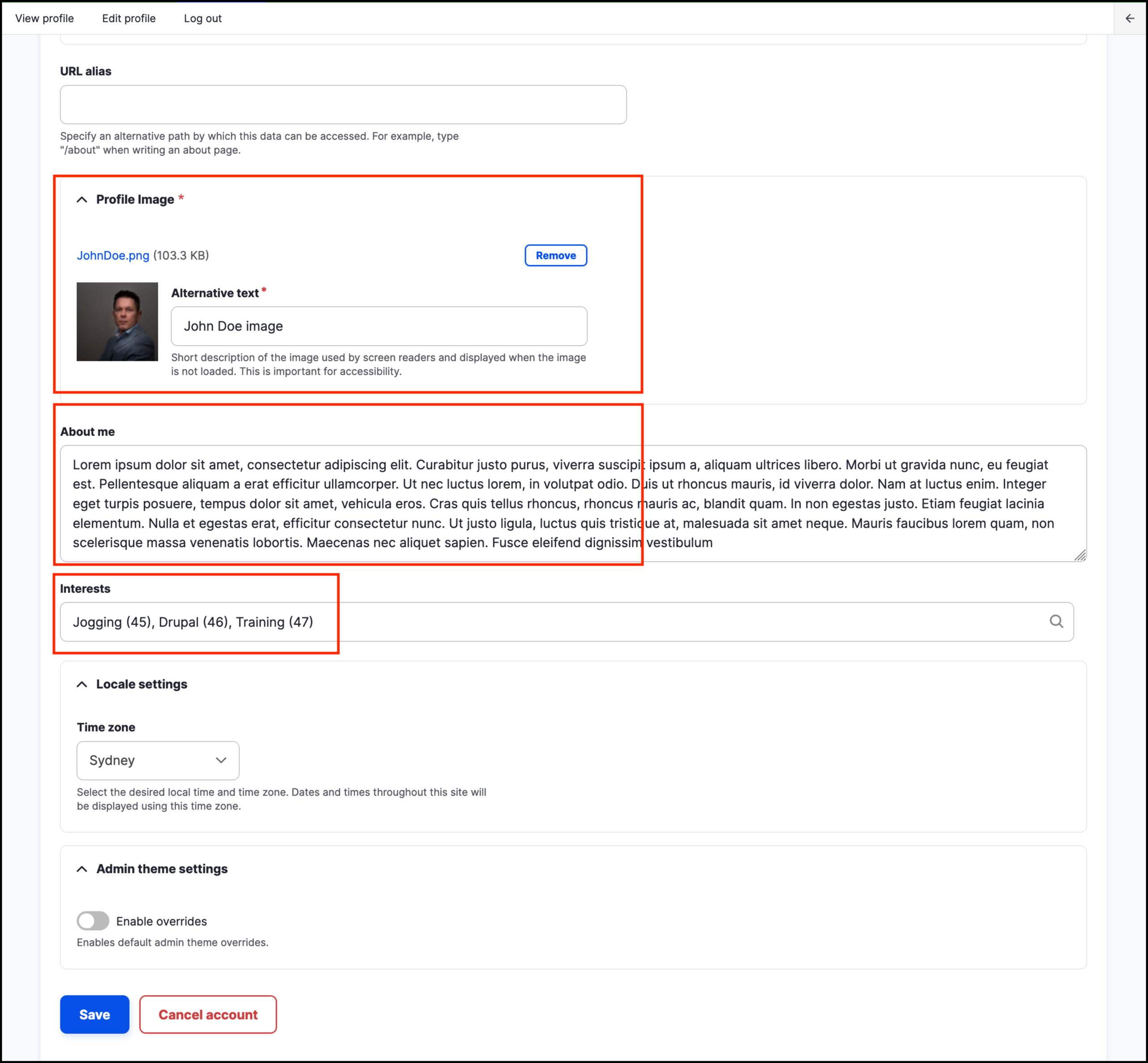 Image of Edit profile page