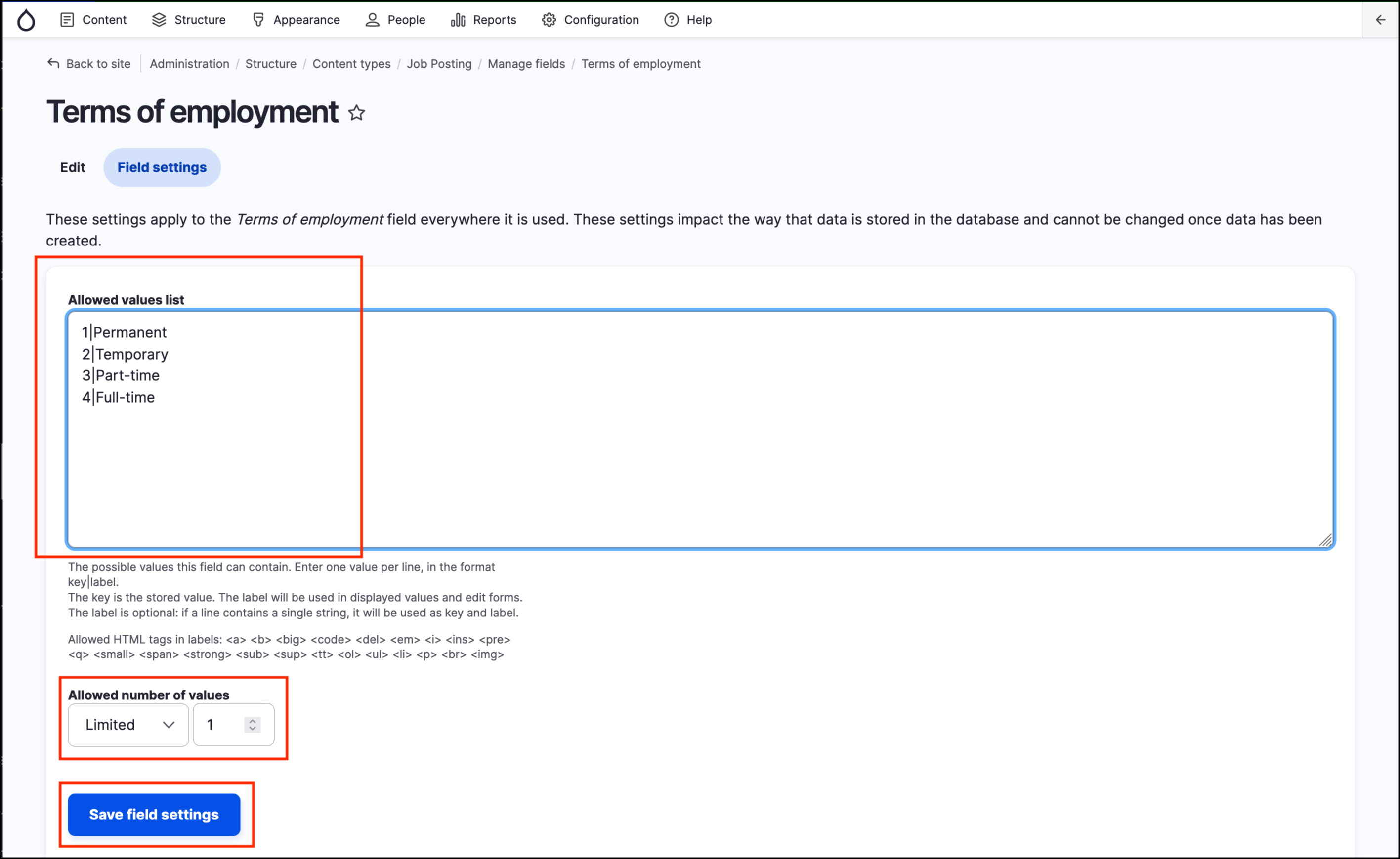 Image of allowed values list